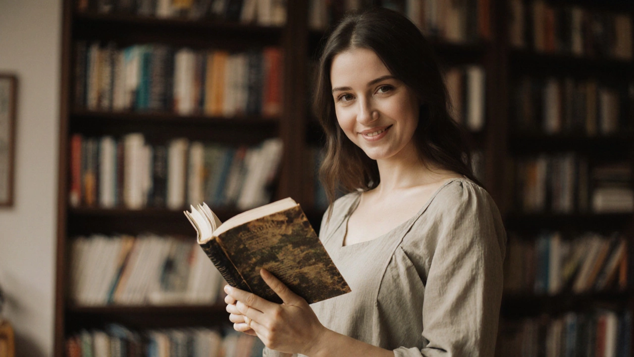 Woman smiling gently while holding a book among cozy bookshelves in soft lighting.