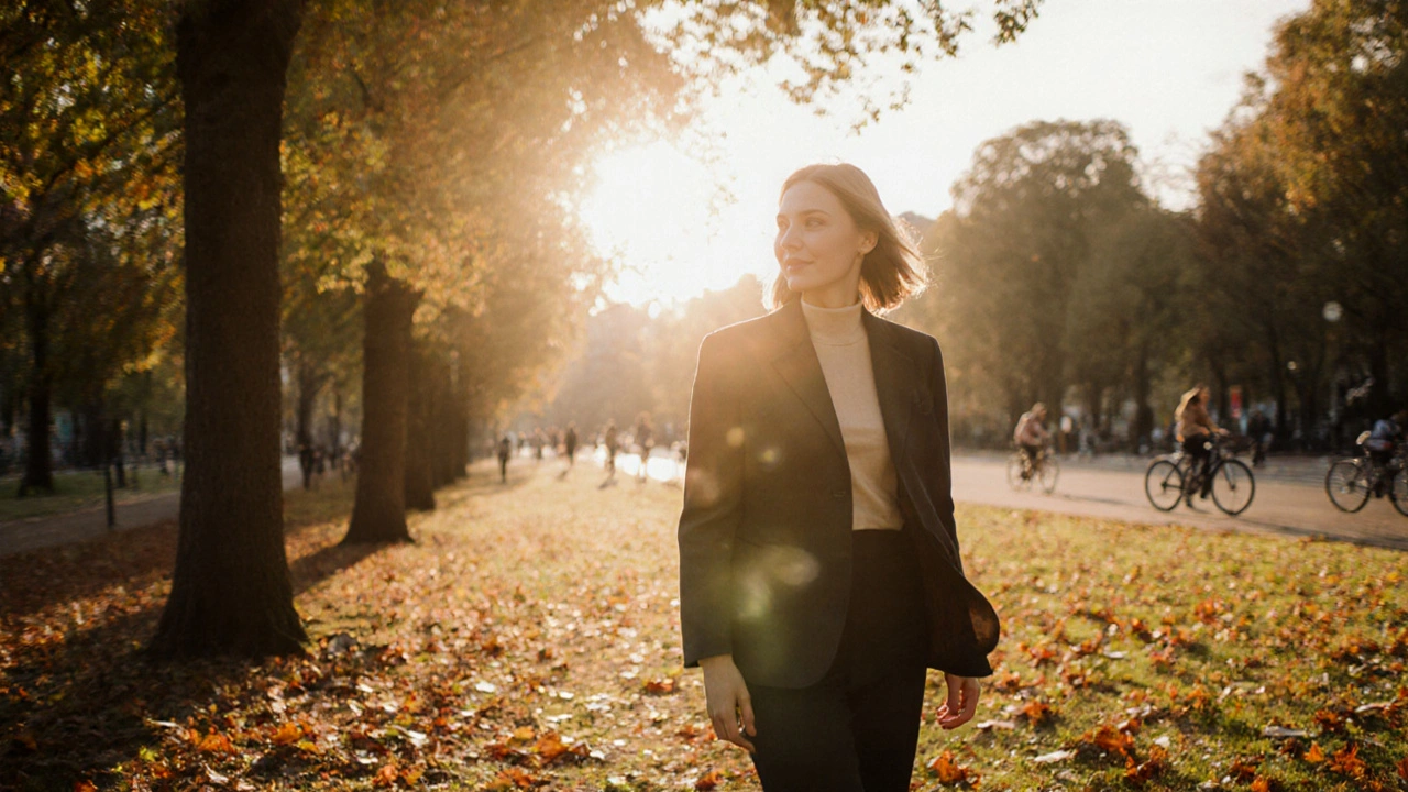 Woman walking through Hyde Park at golden hour, natural light and falling leaves.