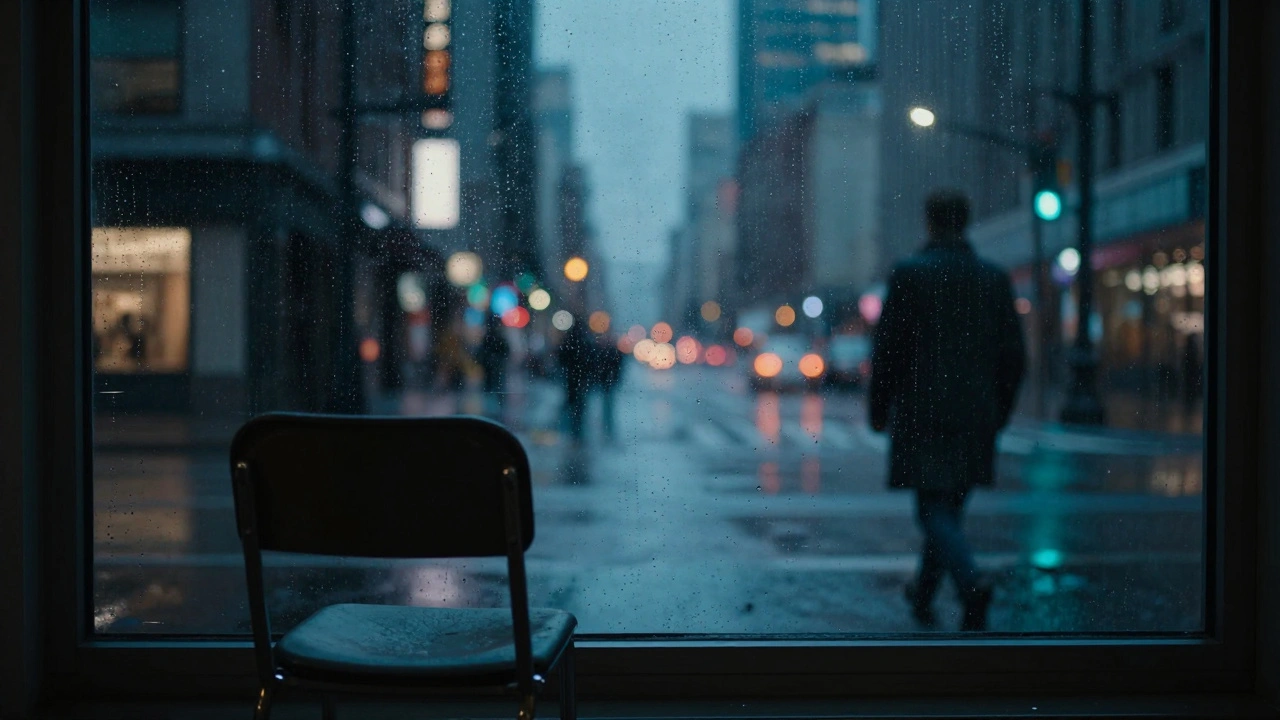 A city skyline at night seen through a rainy window, with an empty chair nearby.
