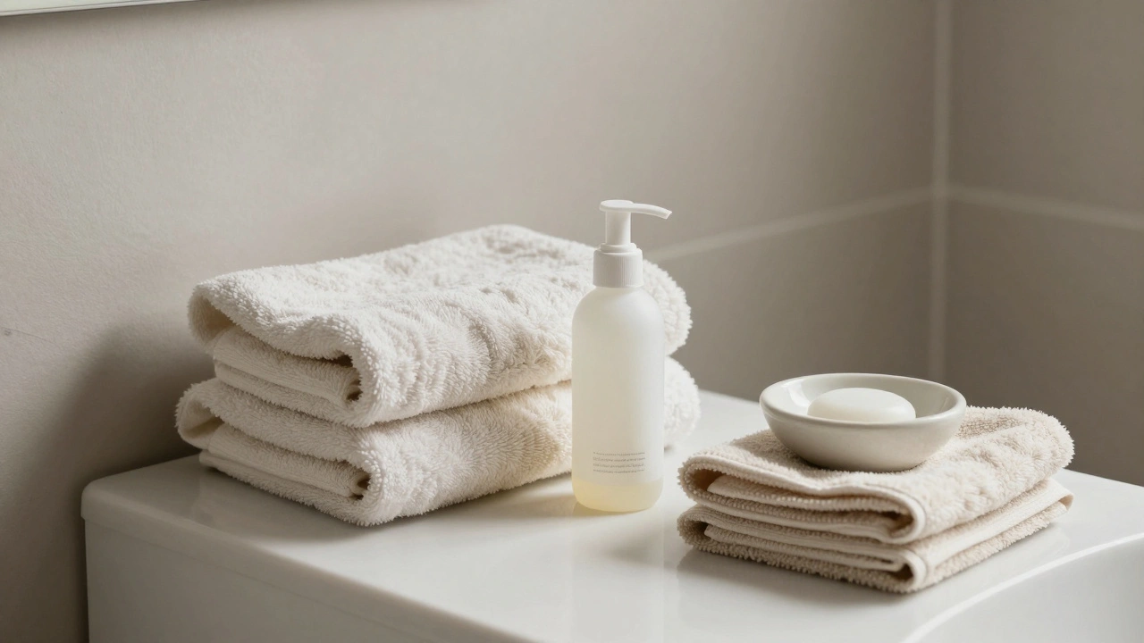 A clean bathroom with towel, lube, and warm washcloth arranged neatly.