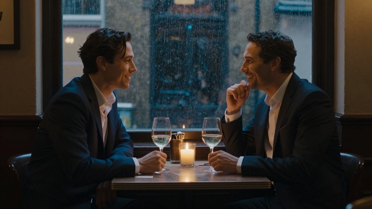A client and escort sharing a quiet evening dinner at a cozy London bistro with candlelight and rain-streaked windows.