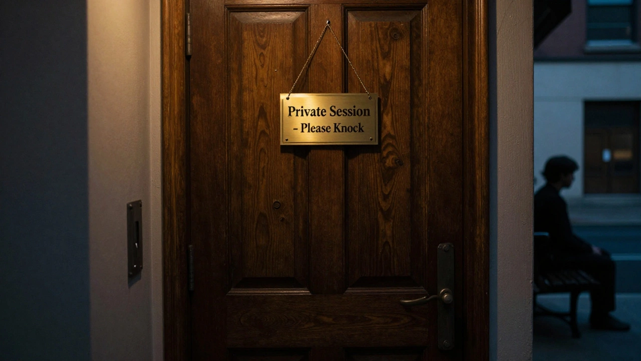 A closed door with a &#039;Private Session&#039; sign, a person sitting calmly on a bench outside in twilight.