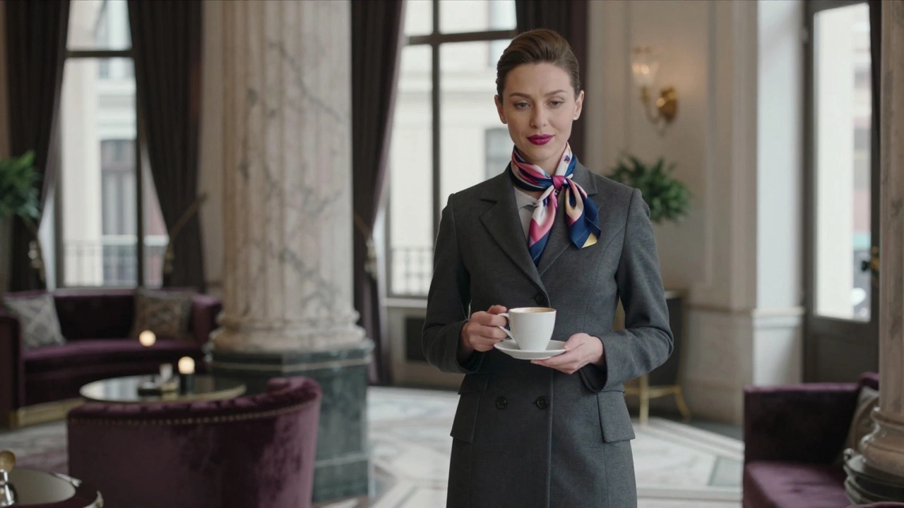 A composed woman in elegant attire holding coffee in a luxury hotel lobby.