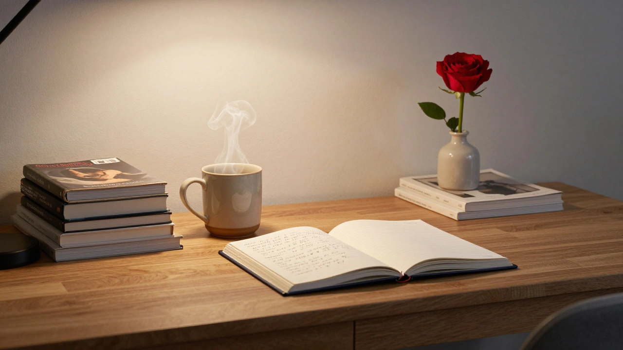 A cozy desk with a journal, books, and a steaming mug in soft lamplight.