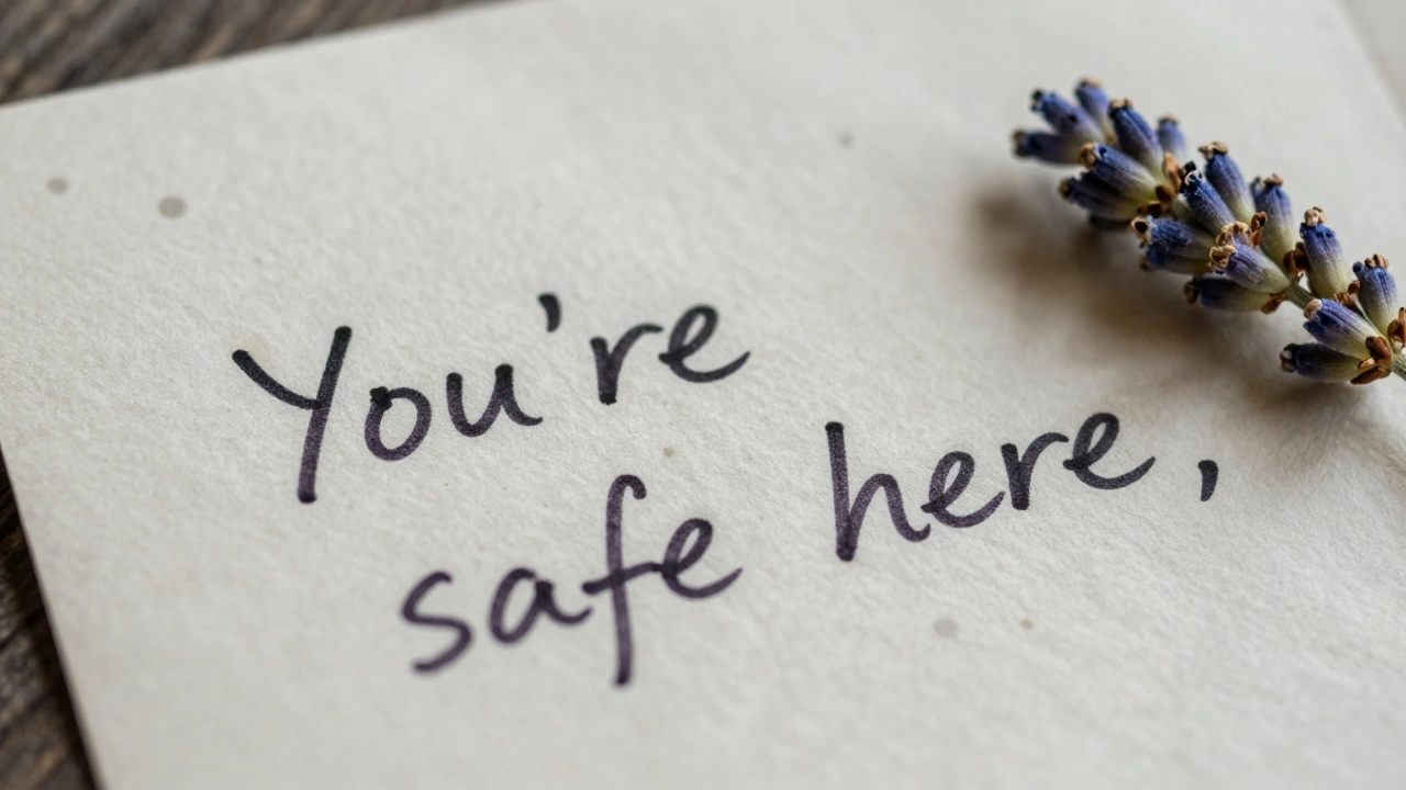 A handwritten note saying 'You're safe here' with a lavender sprig beside it.