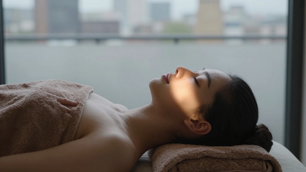 A person lying peacefully on a massage table, eyes closed, covered in a warm towel.
