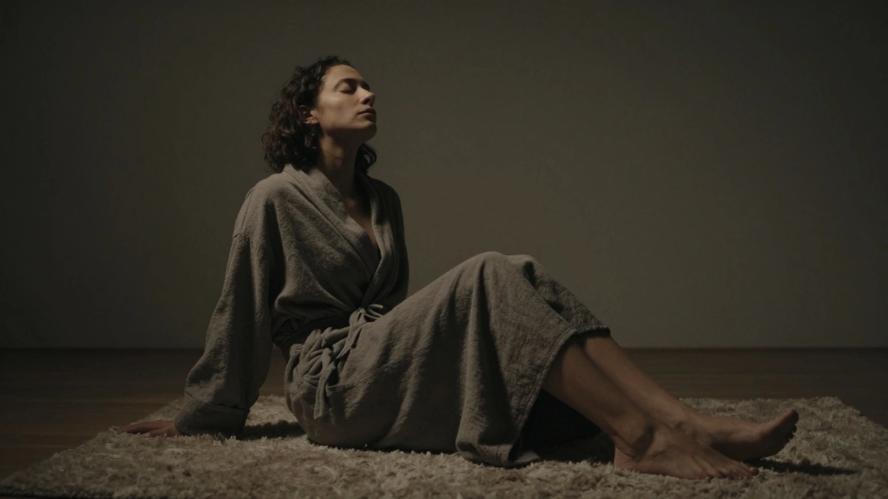A person sitting peacefully in a robe, eyes closed, in quiet aftercare.