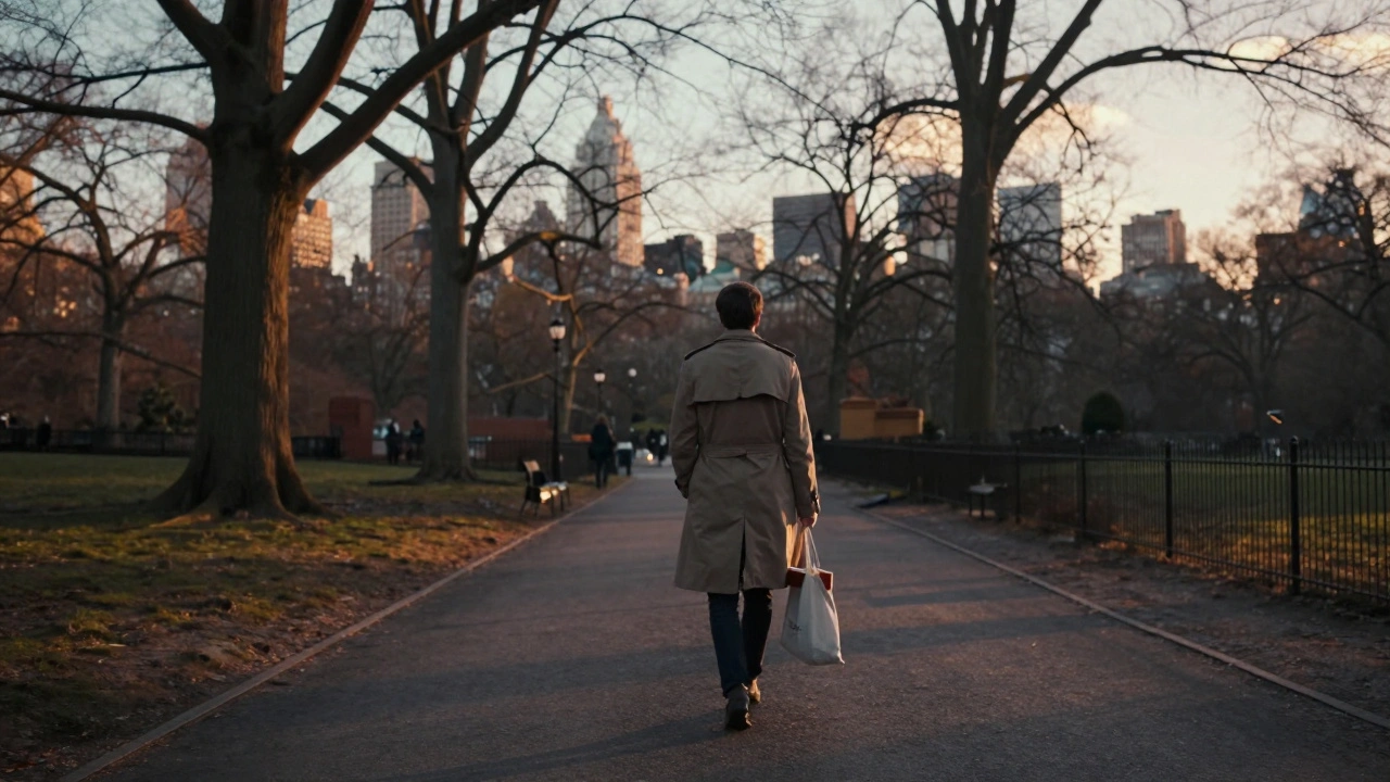 A person walking alone in Hyde Park at sunset, thoughtful and serene.