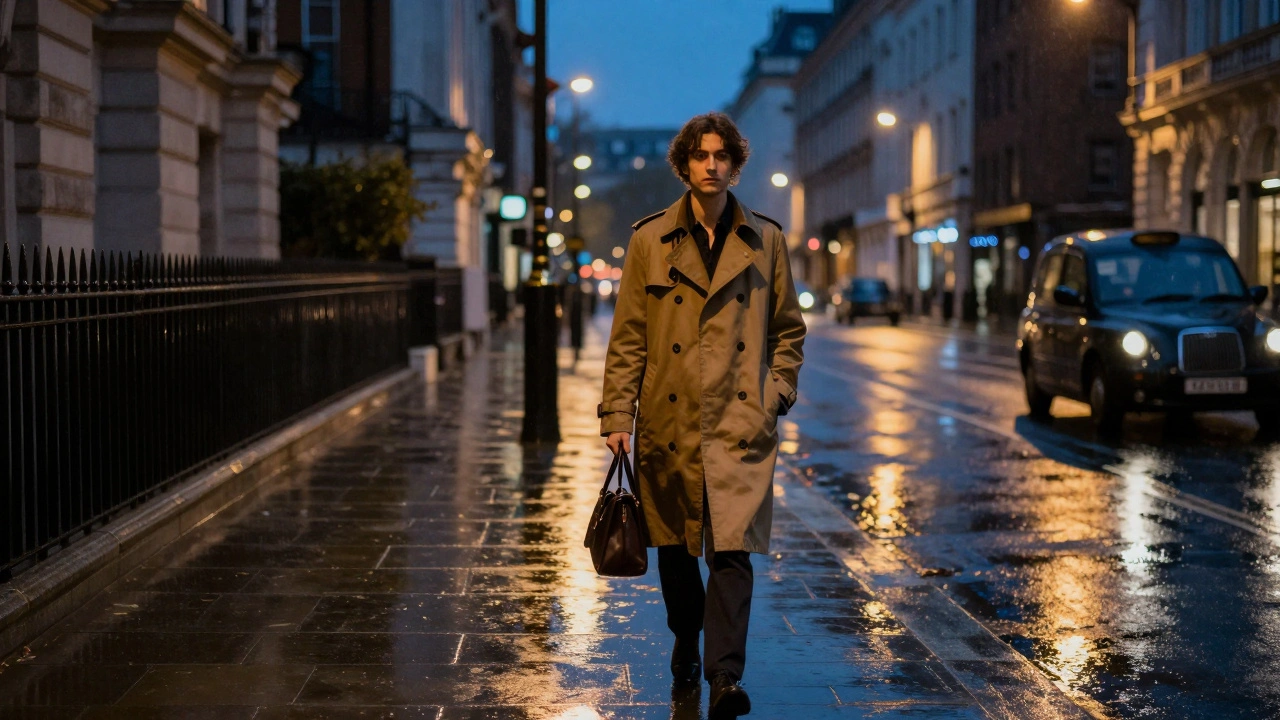 A person walking confidently at night on a well-lit London street under golden streetlights.