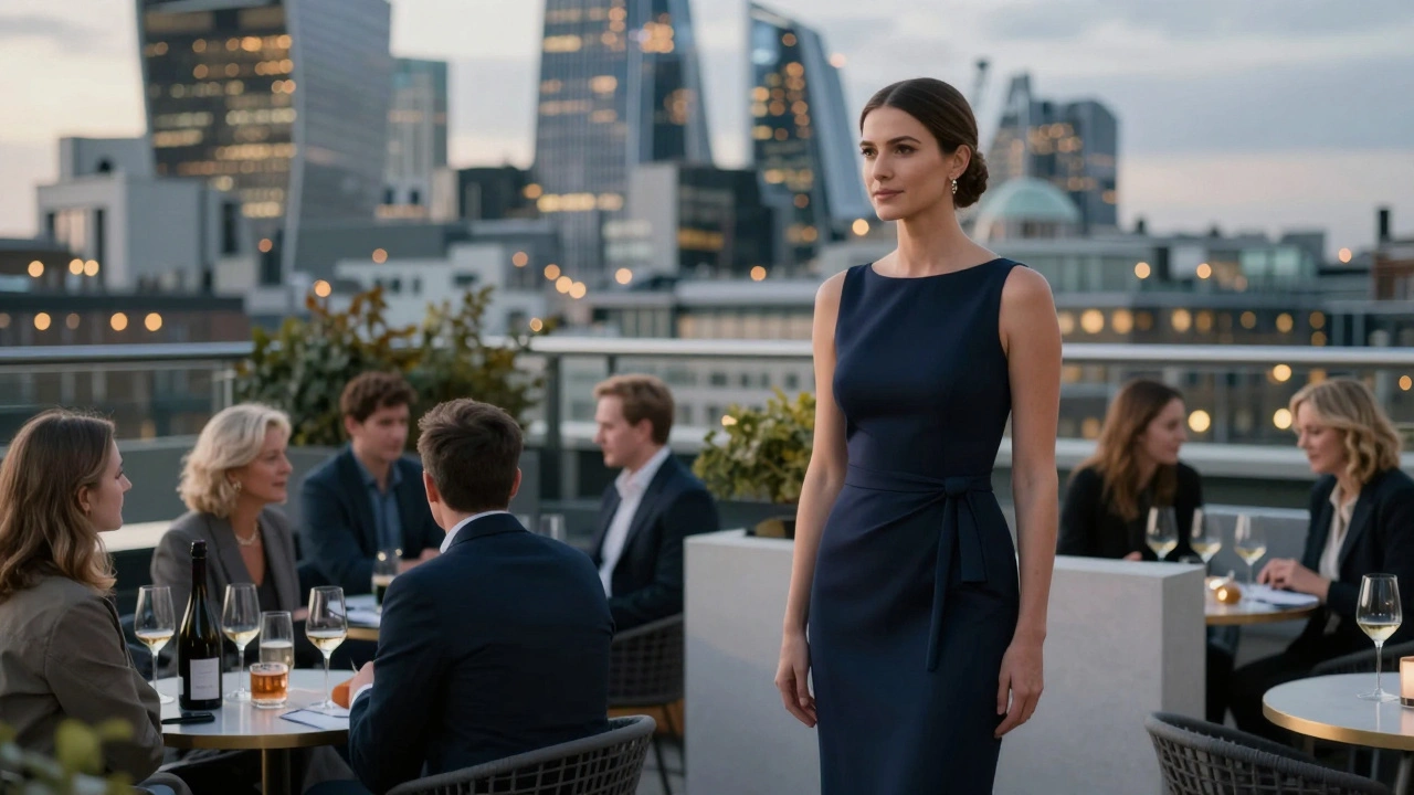 A professional escort in elegant attire observing guests at a rooftop event with London&#039;s glowing skyline behind them.
