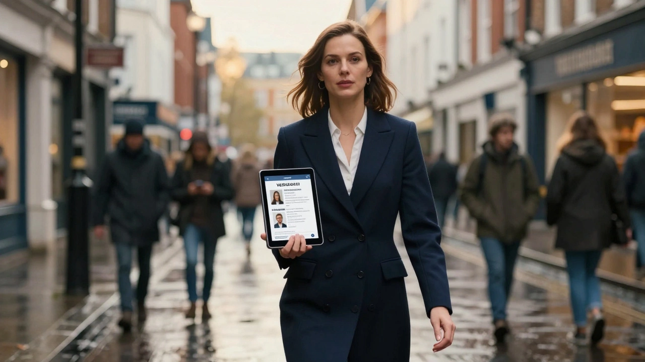 A professional woman walking through Covent Garden with a booking app on her tablet.