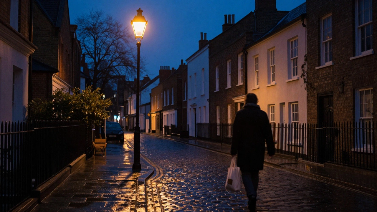 A quiet Islington street at dusk with a glowing streetlamp and empty sidewalk.