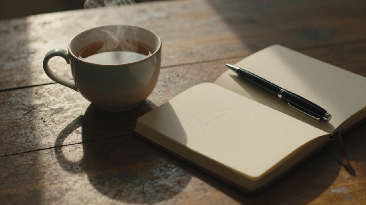 A steaming cup of tea and closed journal on a wooden table, representing aftercare.