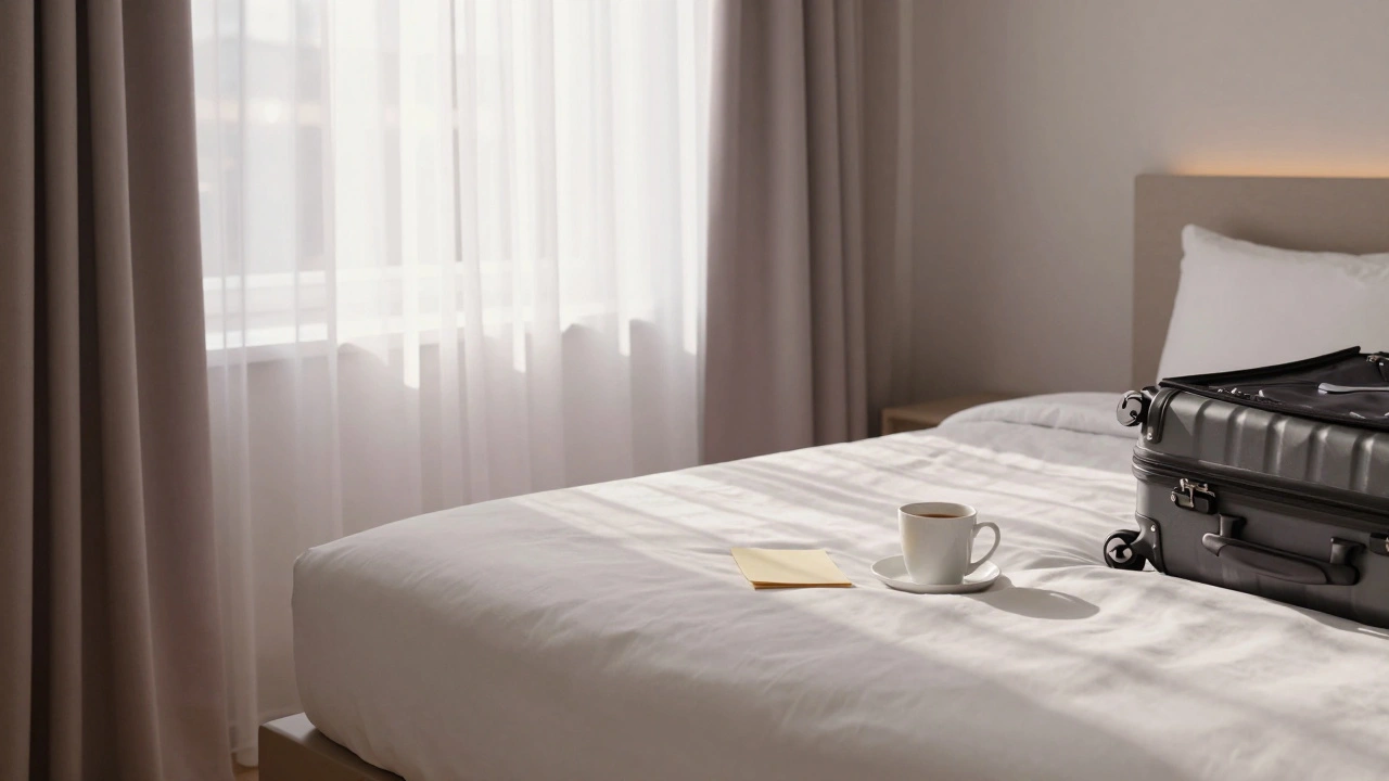 A sunlit hotel room with an empty bed, a folded note, and a coffee cup, suggesting a meaningful but brief encounter.