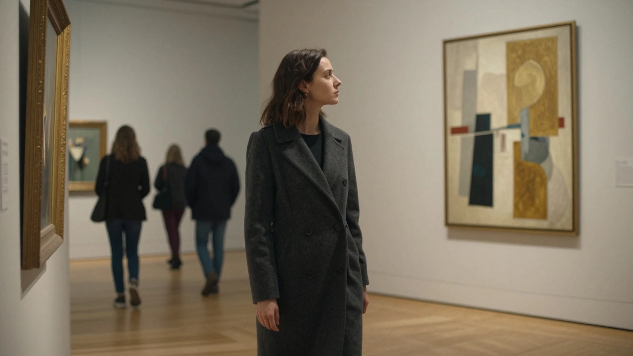 A woman in a tailored coat observing art at Tate Modern with quiet focus.