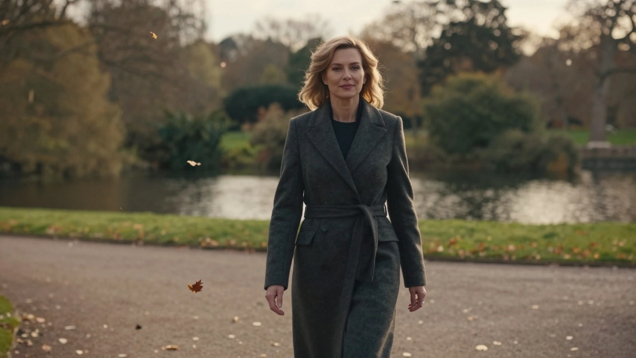 A woman in a tailored coat walking peacefully through Kensington Gardens at sunset.