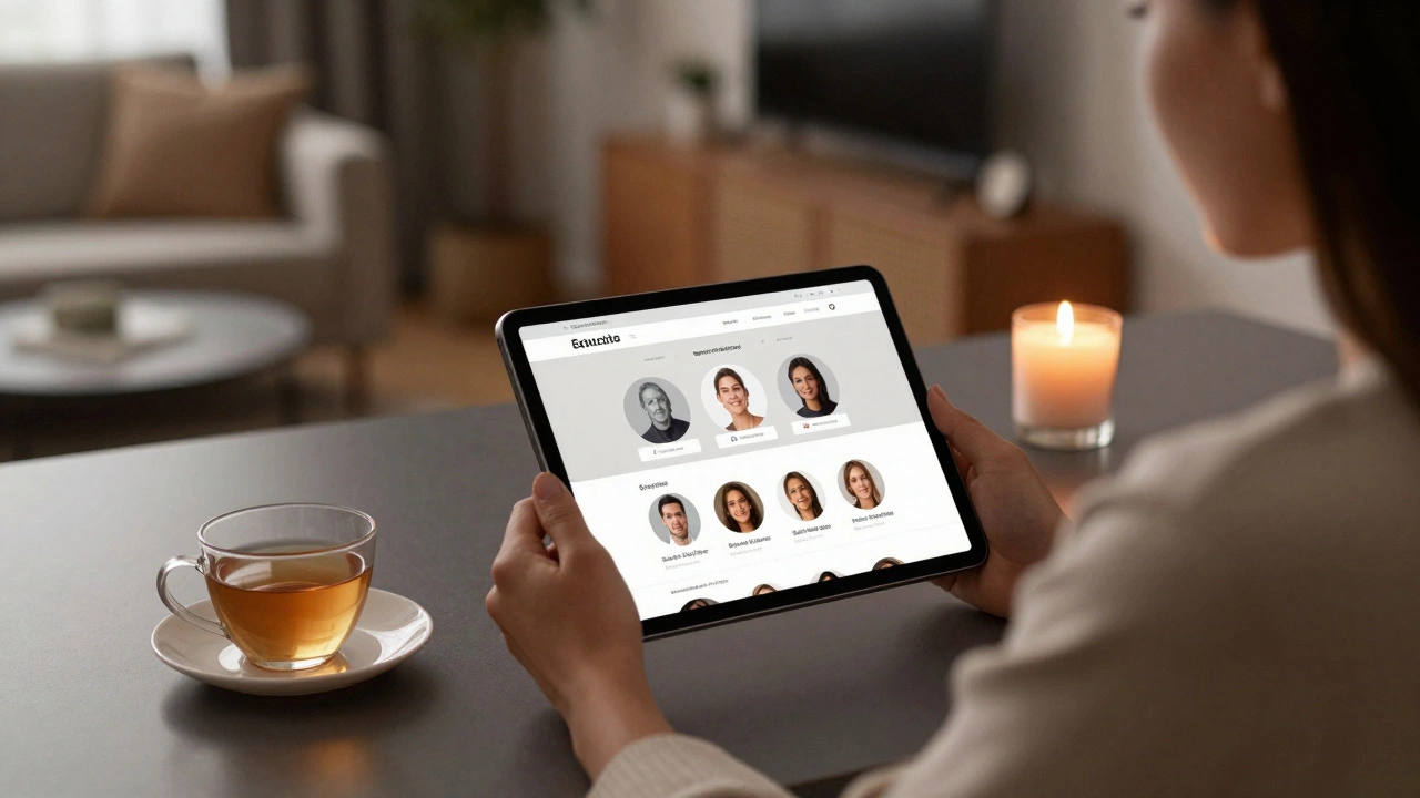 A woman reviewing a discreet escort directory on a tablet in a cozy apartment.