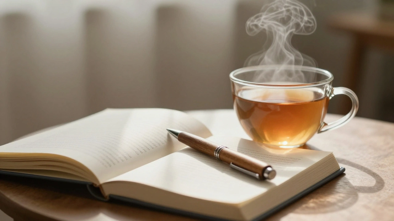 An open journal and cup of tea on a nightstand, symbolizing quiet reflection.