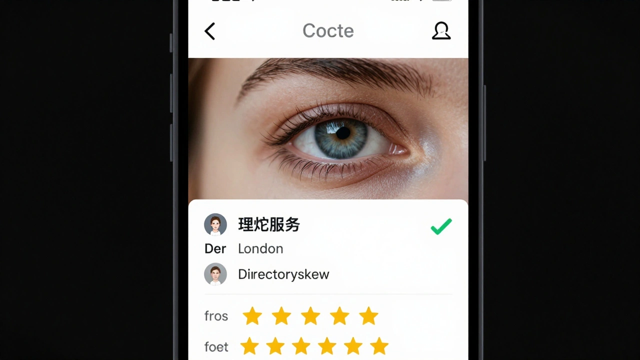 Close-up of a smartphone screen showing a verified escort profile with reviews.