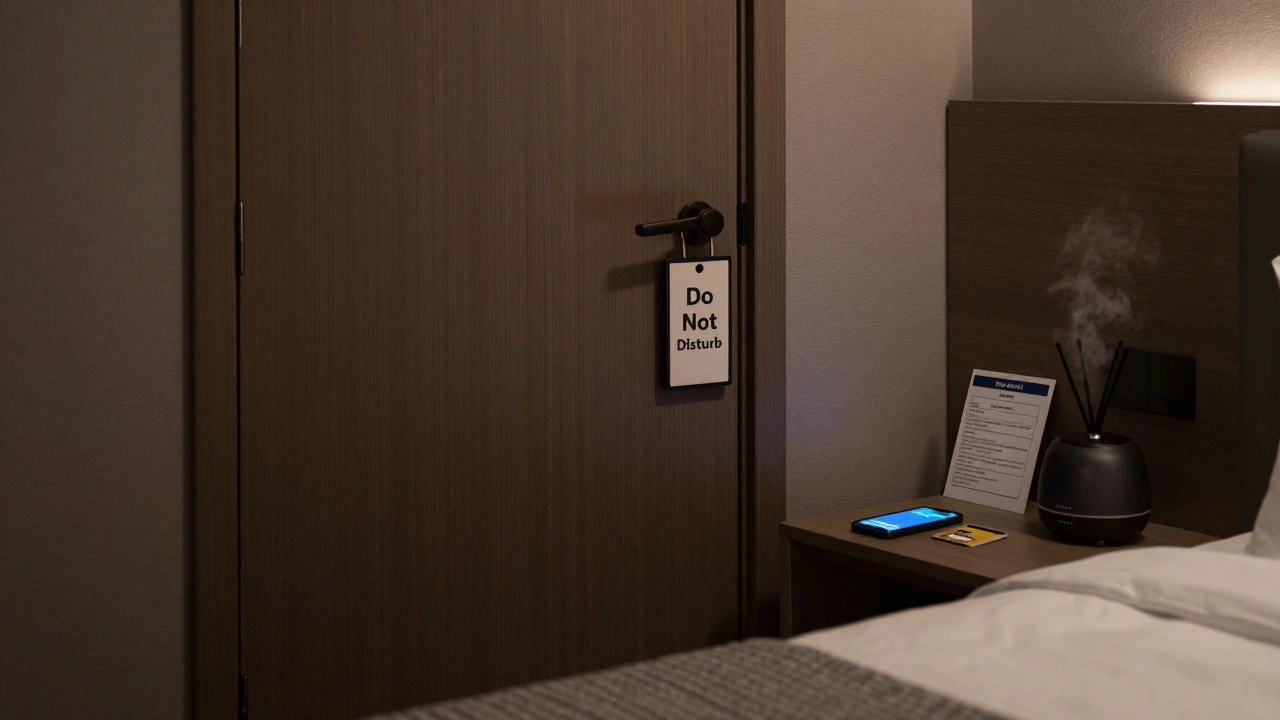 Closed hotel room door with &#039;Do Not Disturb&#039; sign and payment notification.