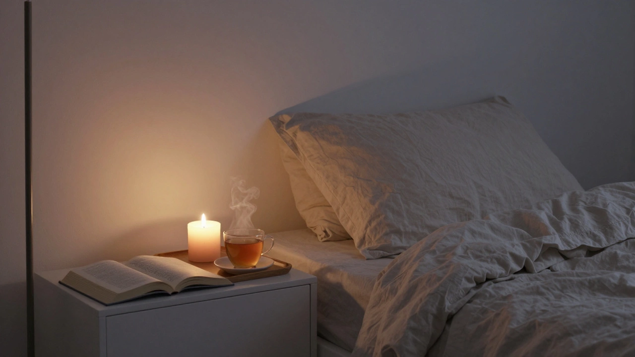 Cozy bedroom with tea, candle, and open book—quiet moment of rest.