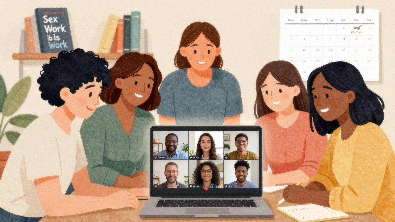 Diverse group participating in a virtual sex worker support meeting.