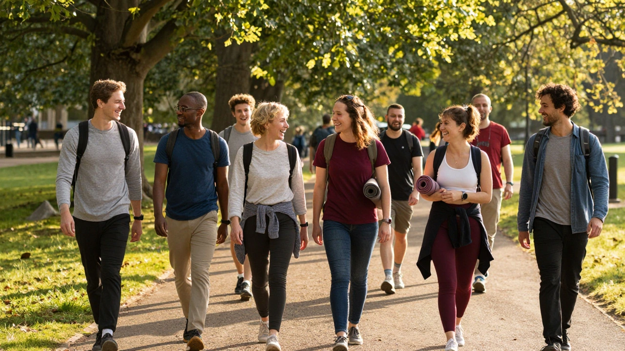 Diverse group walking and chatting on a London trail, smiling and enjoying the outdoors.