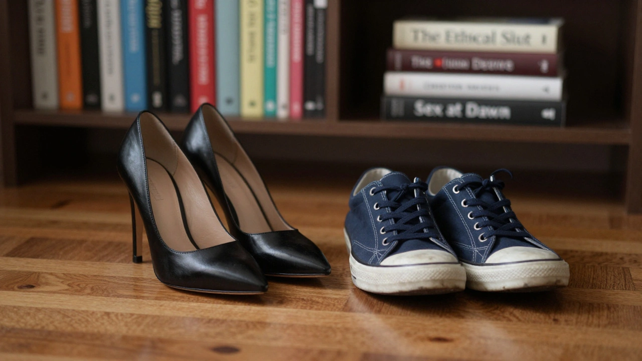 Elegant heels beside casual sneakers on wooden floor, symbolizing balance.