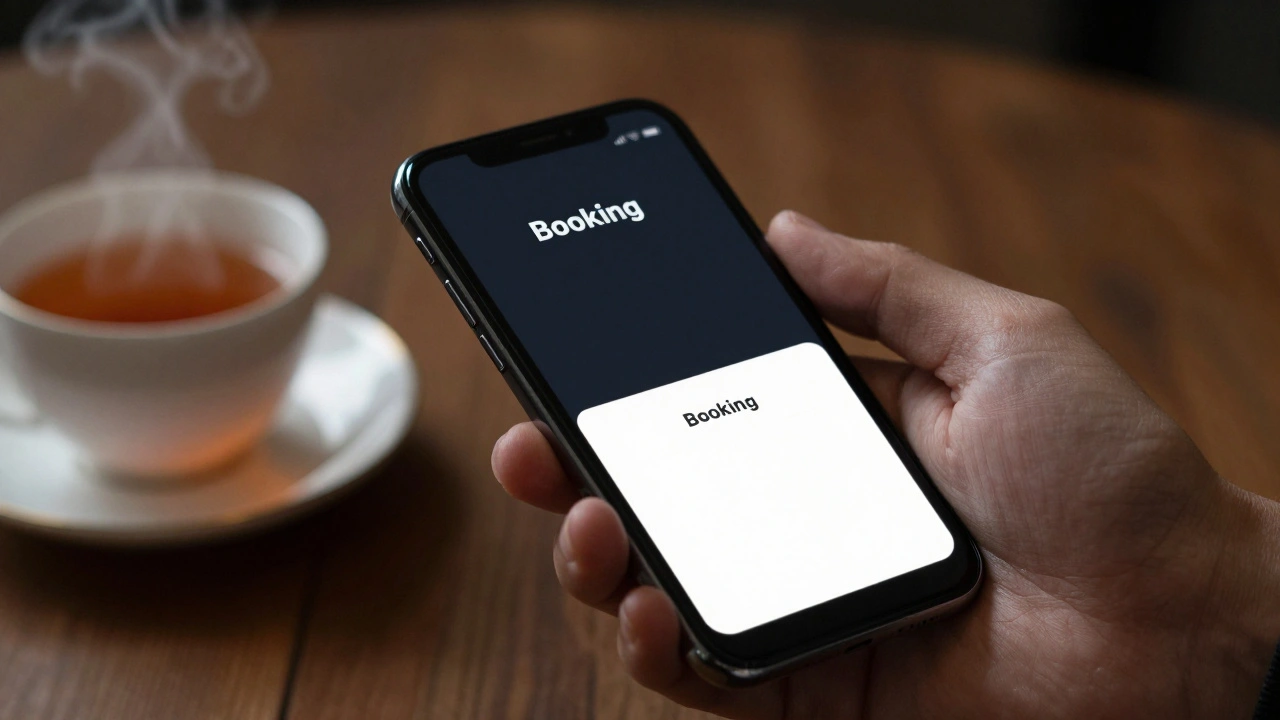 Hand holding a phone showing a discreet booking confirmation, beside a cup of tea on a wooden table.
