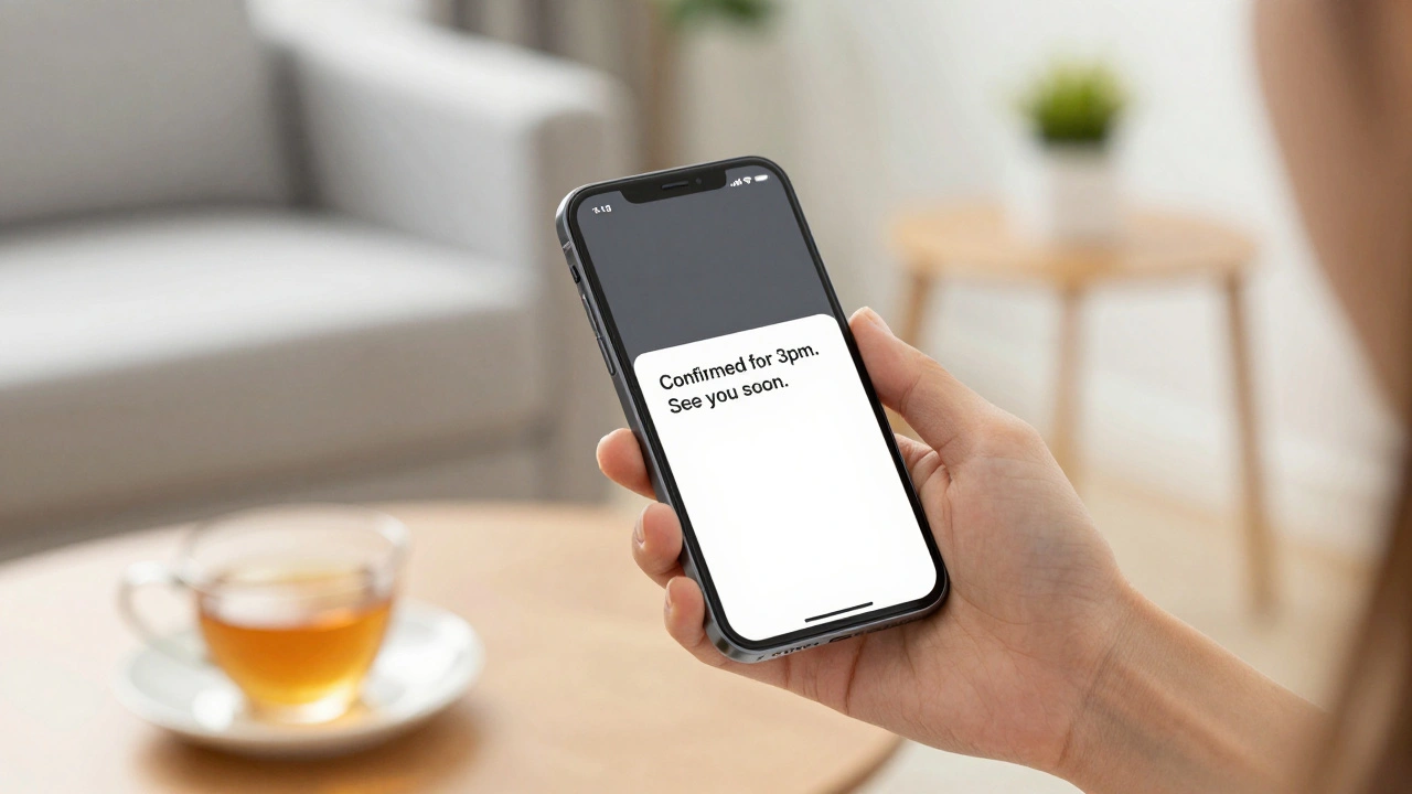 Hand holding a phone with a booking confirmation message, in a calm home setting.