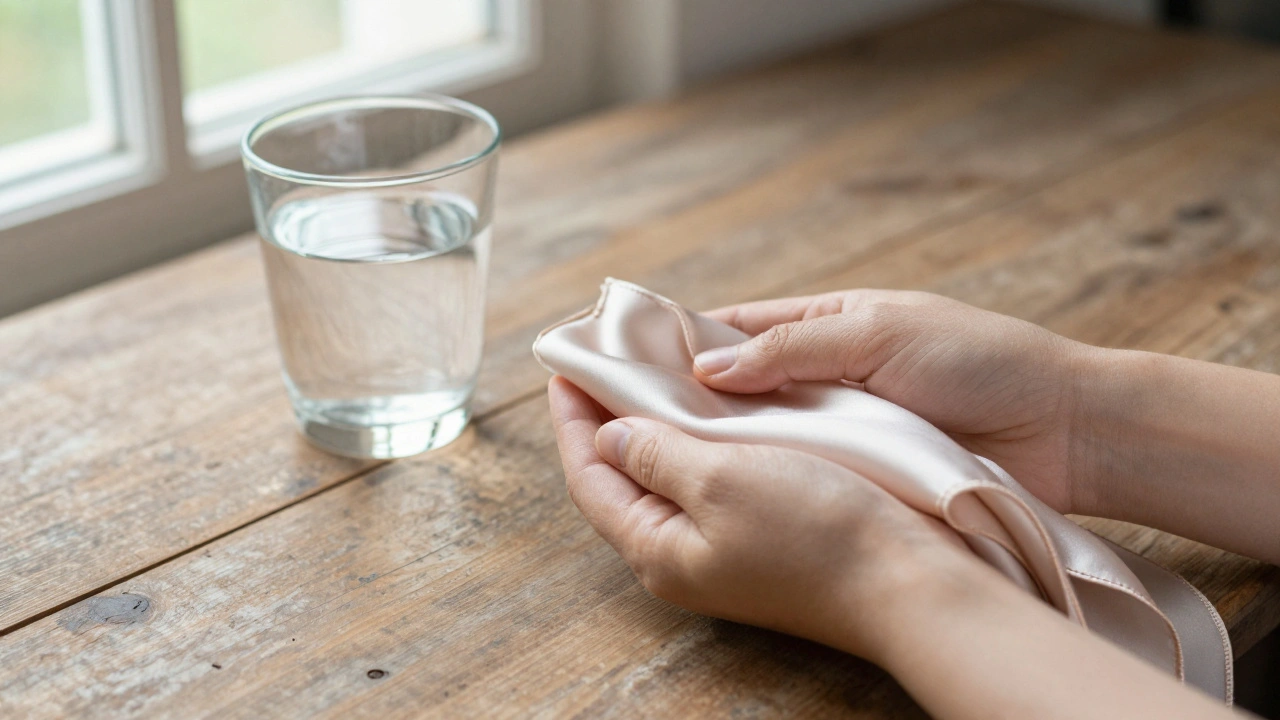 Hand holding a silk scarf and glass of water on wooden table, symbolizing care and simple ritual.