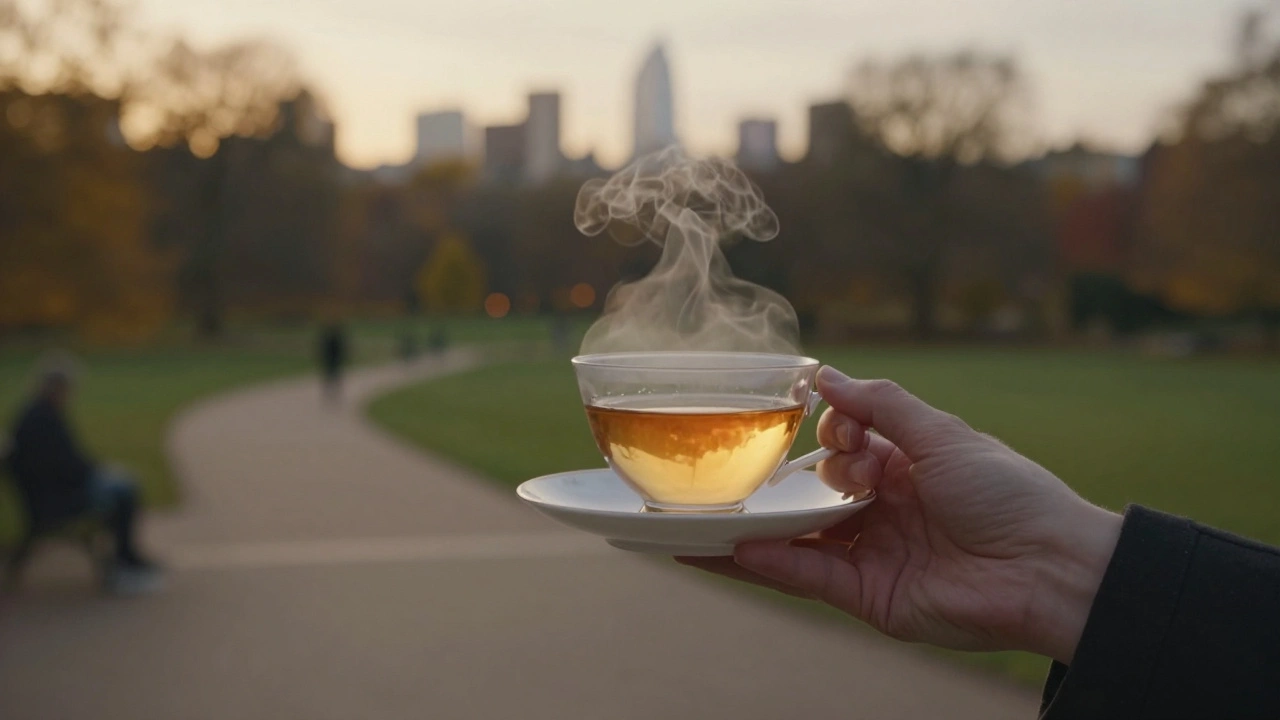 Hand holding a teacup in golden hour light with Hyde Park blurred in the background.