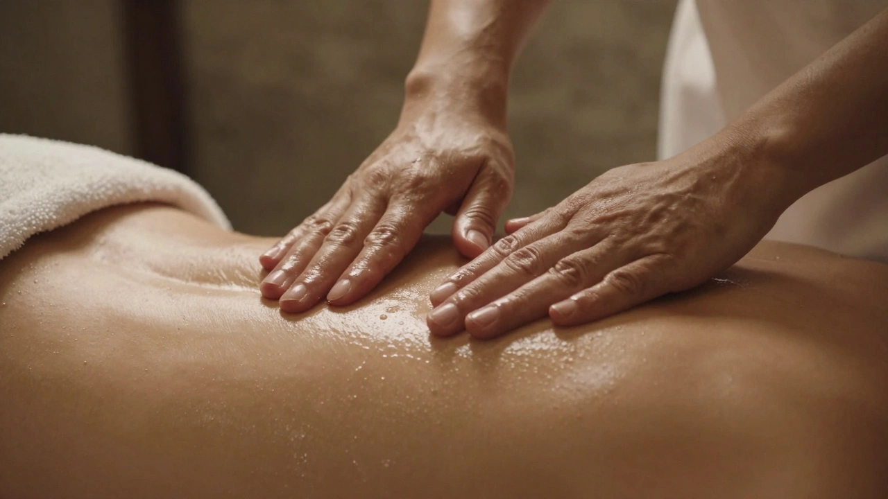 Hands gently applying oil to a back in soft focus, emphasizing touch and texture.