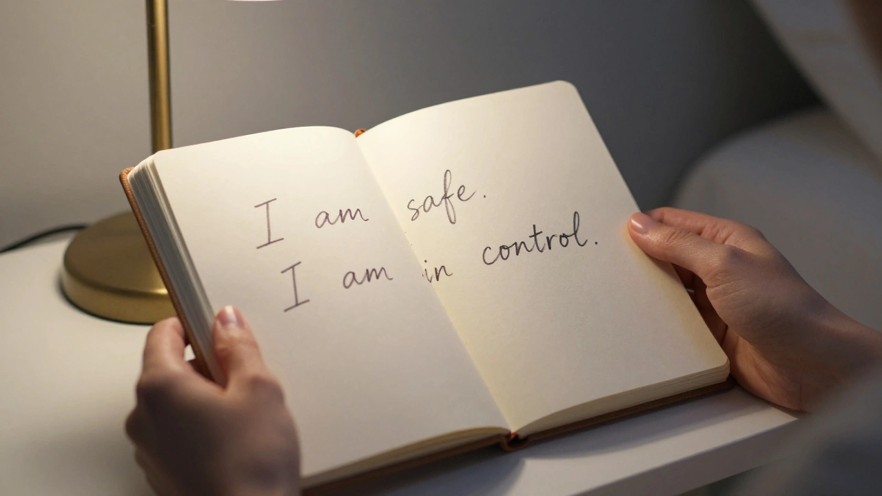 Hands holding a journal with the words 'I am safe. I am in control.'