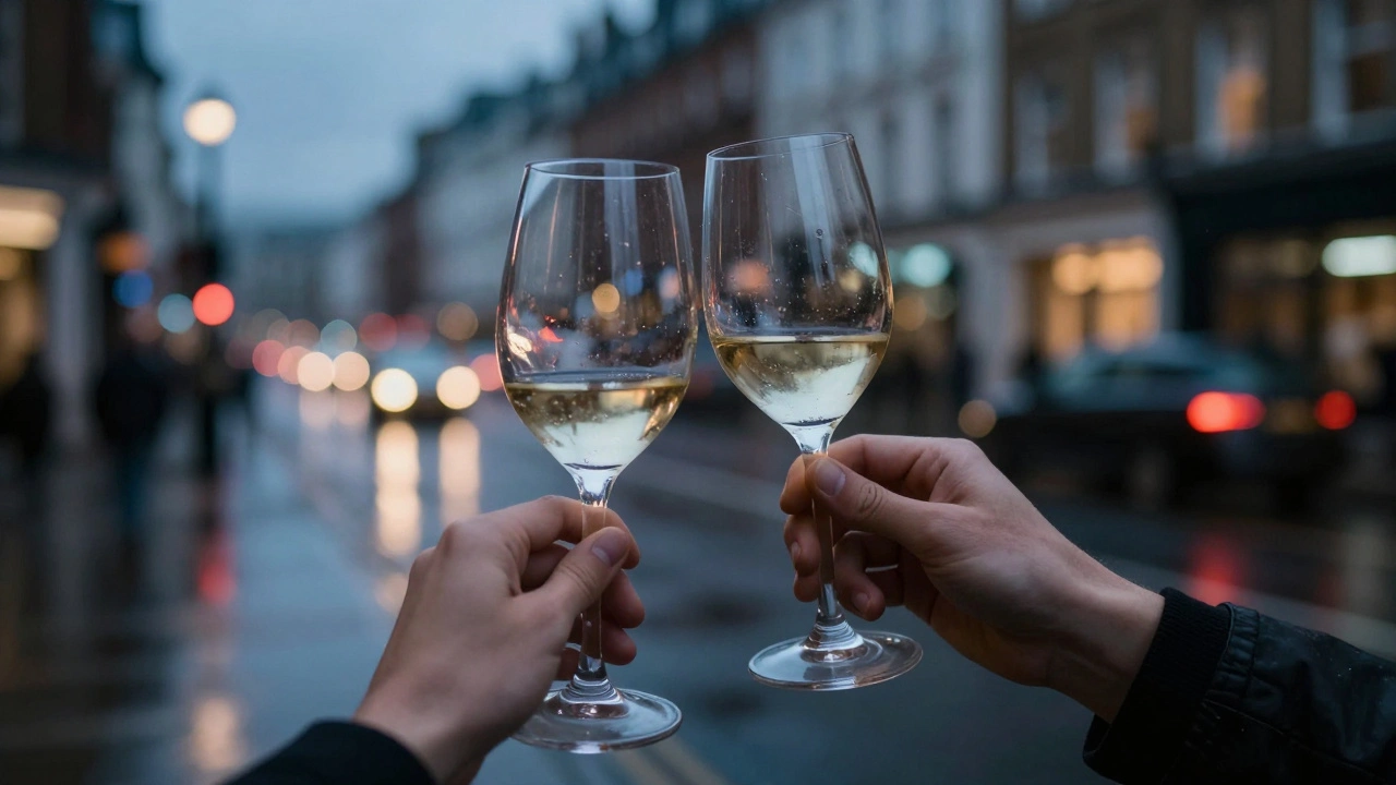 Hands holding a wine glass against blurred city lights at dusk.