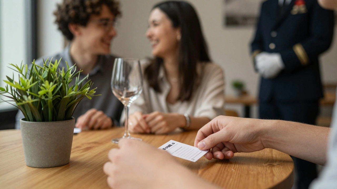 Hands reaching for a conversation card beside a wine glass and plant, with blurred guests connecting in the background.