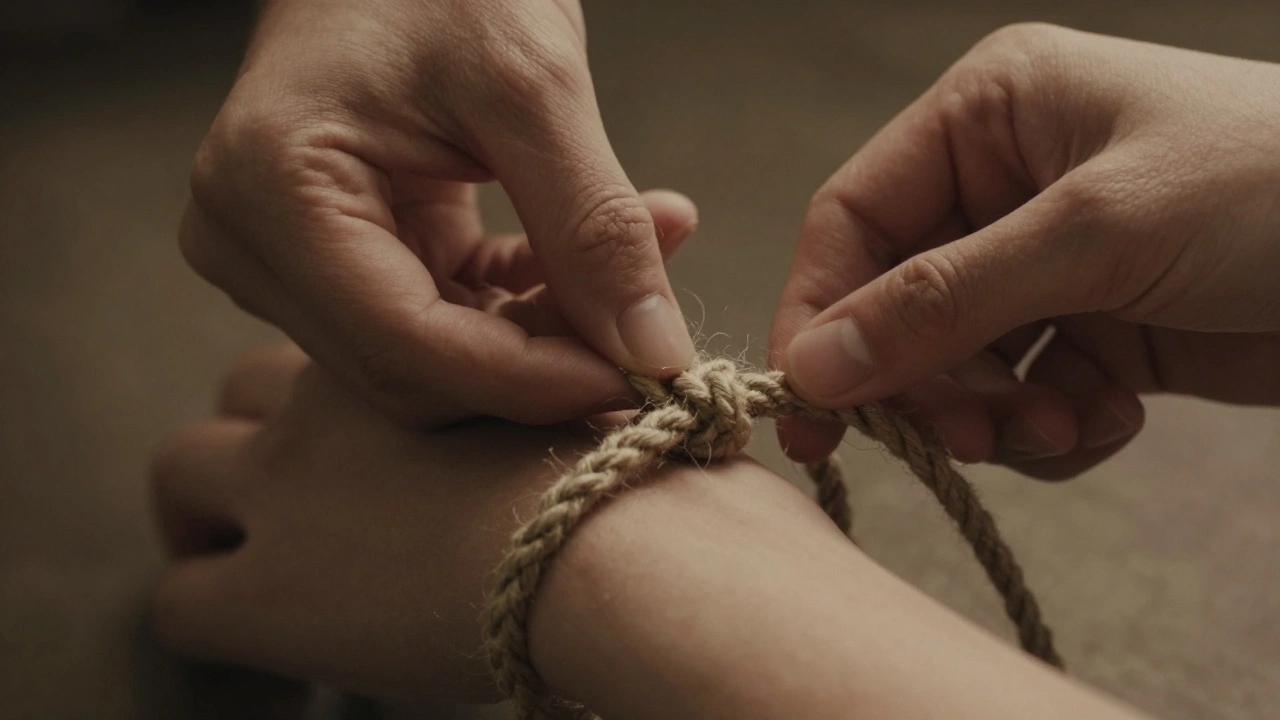 Hands tying a soft rope around a wrist, focusing on texture and light, no faces visible.