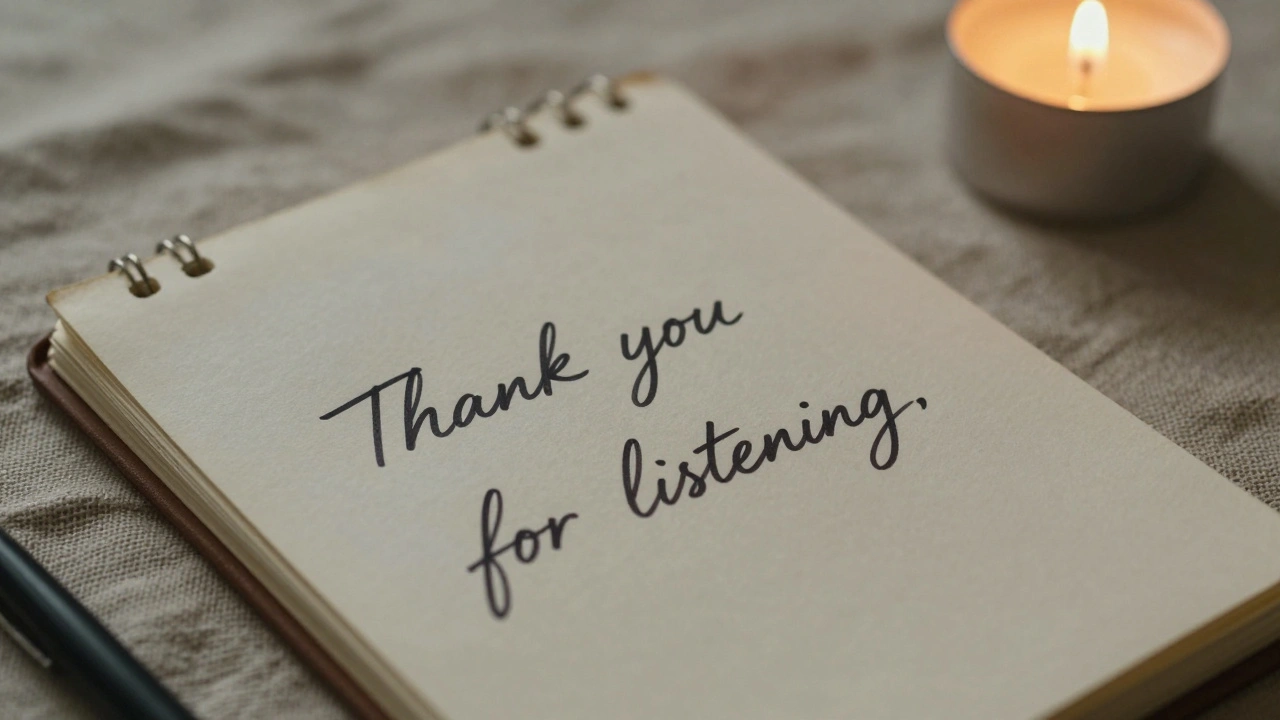 Handwritten note saying &#039;Thank you for listening&#039; on a notepad with candlelight.