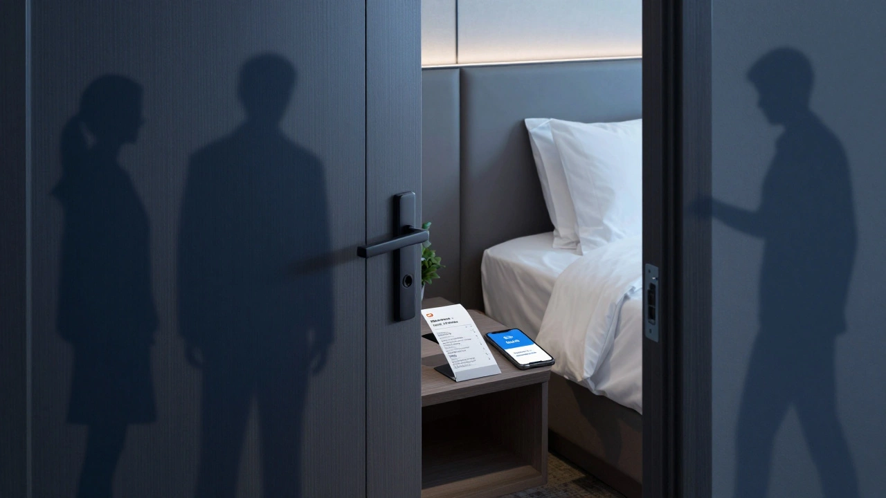 Hotel room door slightly open showing a payment receipt and phone with security code, while shadowy figures fade behind.