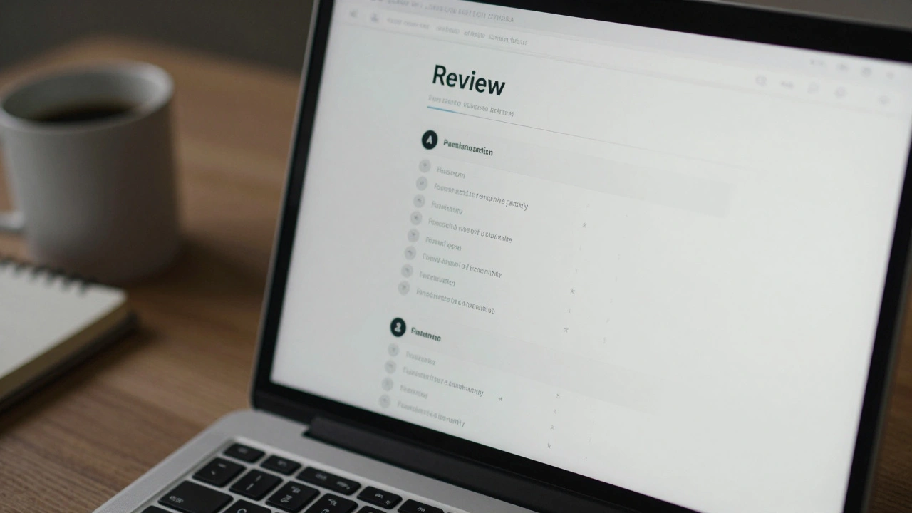 Laptop screen showing a review site with blurred escort details and rating categories.