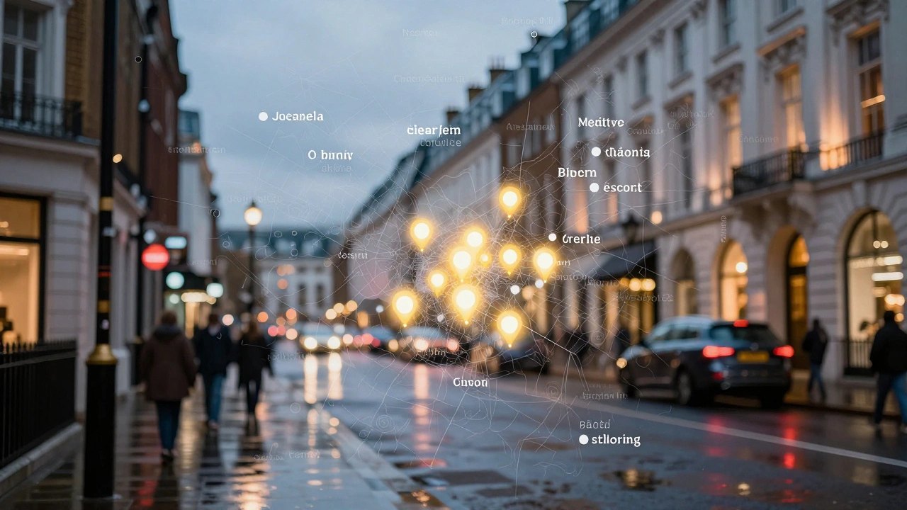 London map with glowing pins marking high-rated escort locations in central areas.