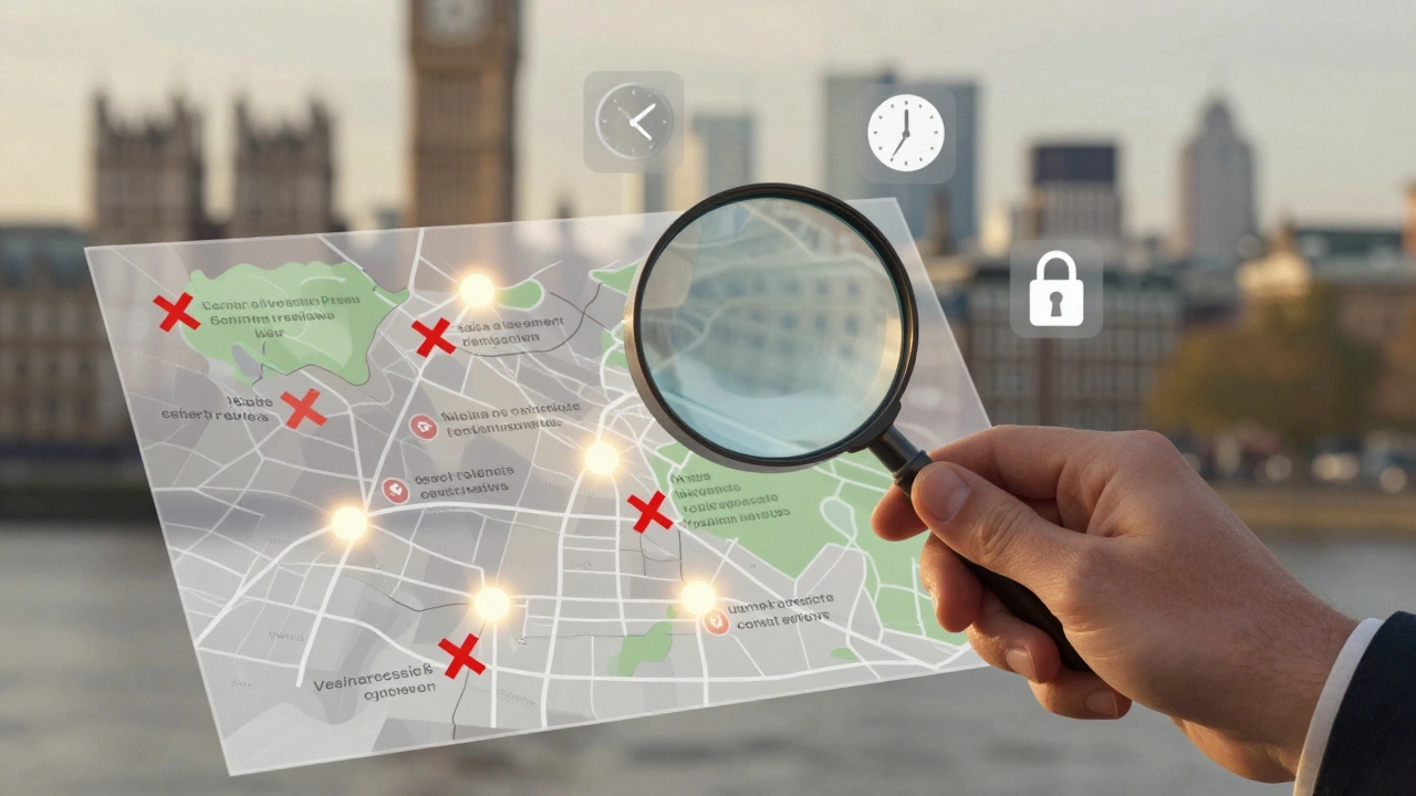 Magnifying glass examining a map of London with safe agency locations marked by glowing dots and unsafe ones crossed out.