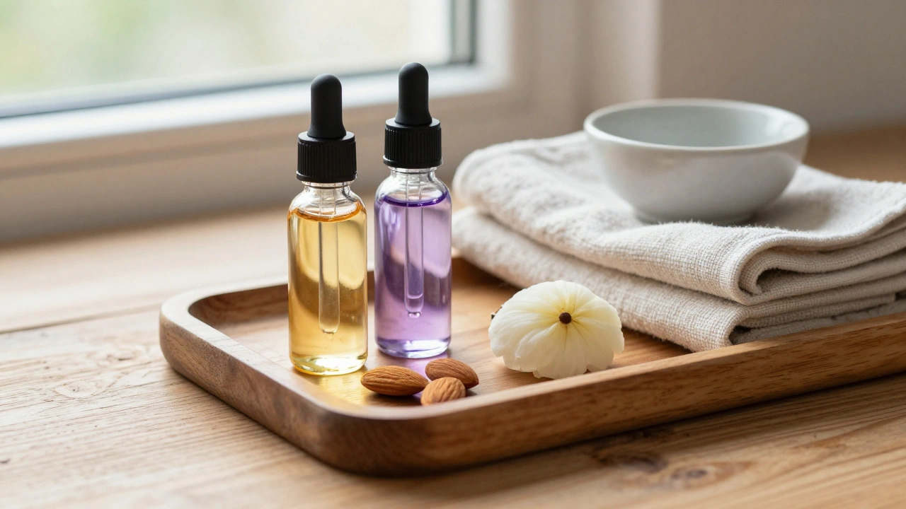 Natural massage oils on a wooden tray beside a linen towel, arranged neatly.