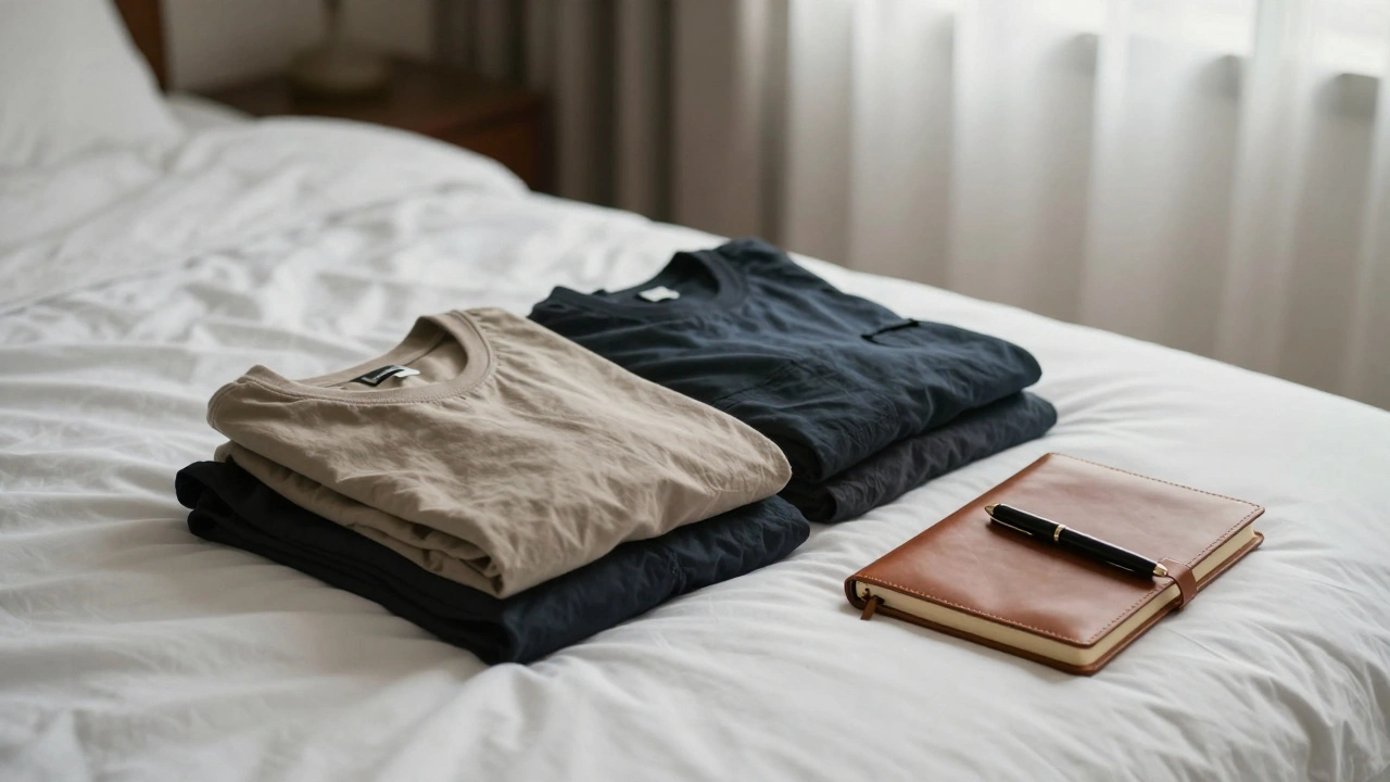 Neatly folded clothes and a journal on a bed, suggesting thoughtful preparation before a personal encounter.