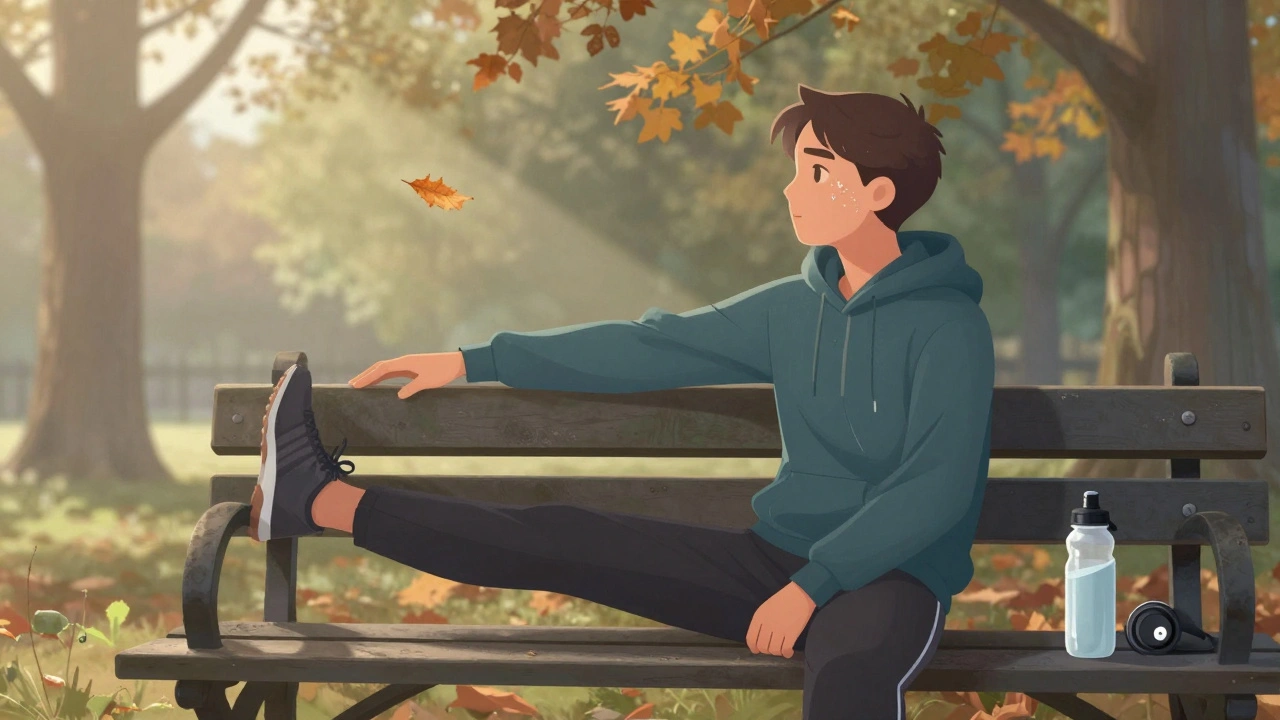 Person stretching on a park bench in Regent’s Park with water bottle and headphones nearby.