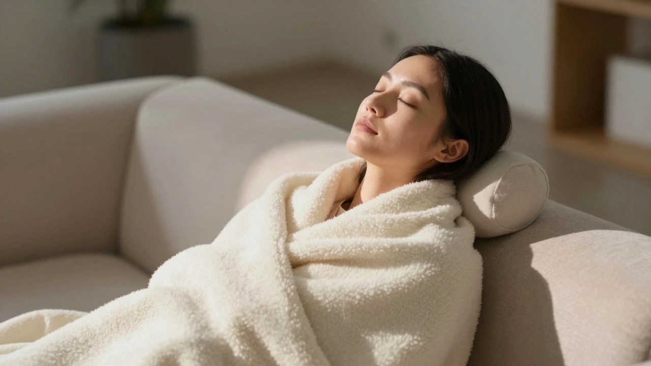 Person wrapped in a blanket, eyes closed, sitting quietly after a session, exuding calm and peace.