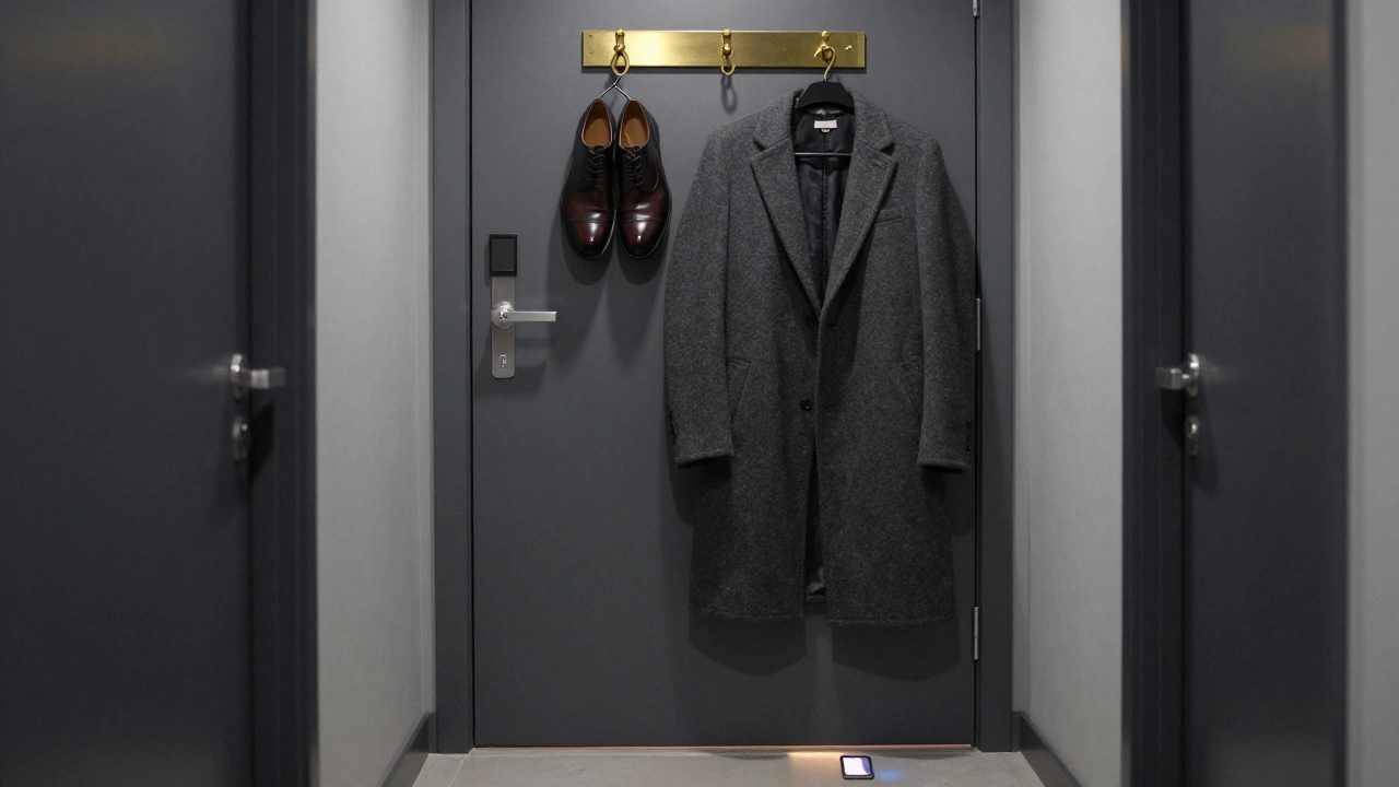 Polished shoes and a coat hanging neatly by a door, hinting at a private visit.