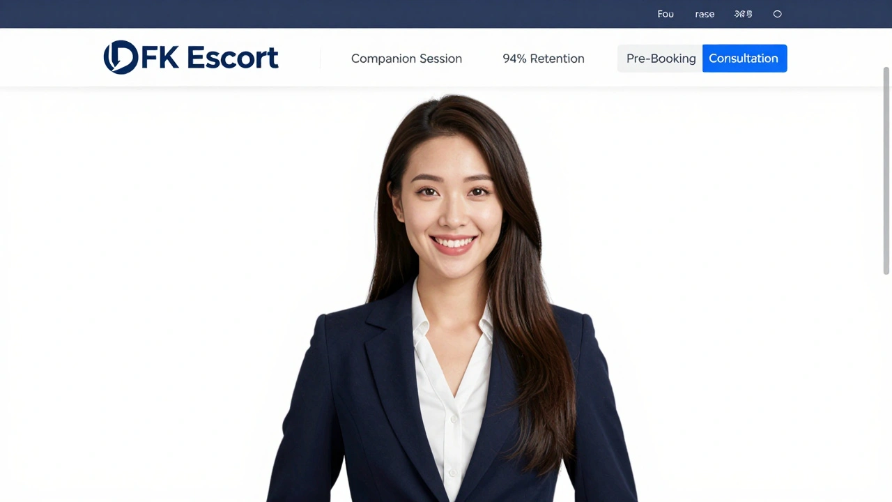 Professional escort profile on a secure website, showing a natural smile and clear service details.