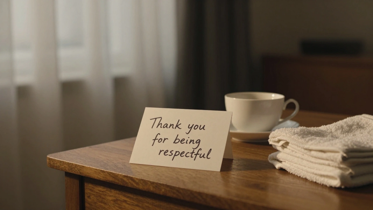 Quiet London flat interior with a respectful thank-you note on a table.