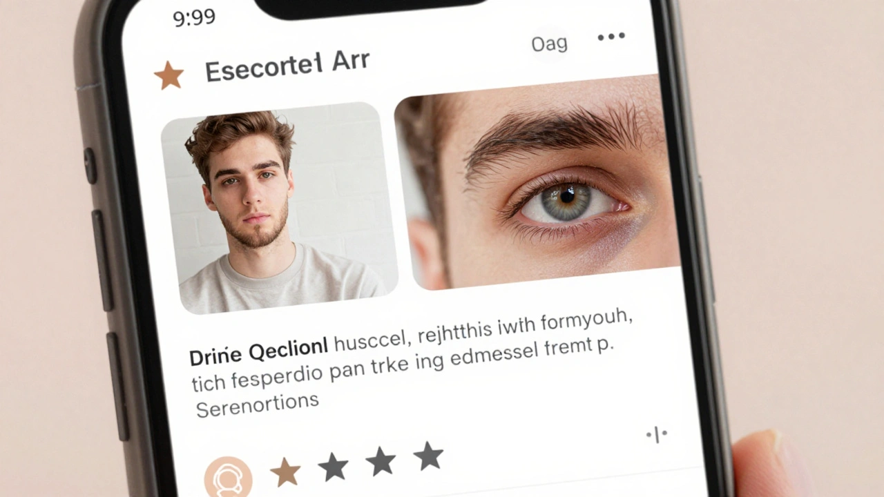 Smartphone screen showing a clean escort profile with verified reviews and photos.